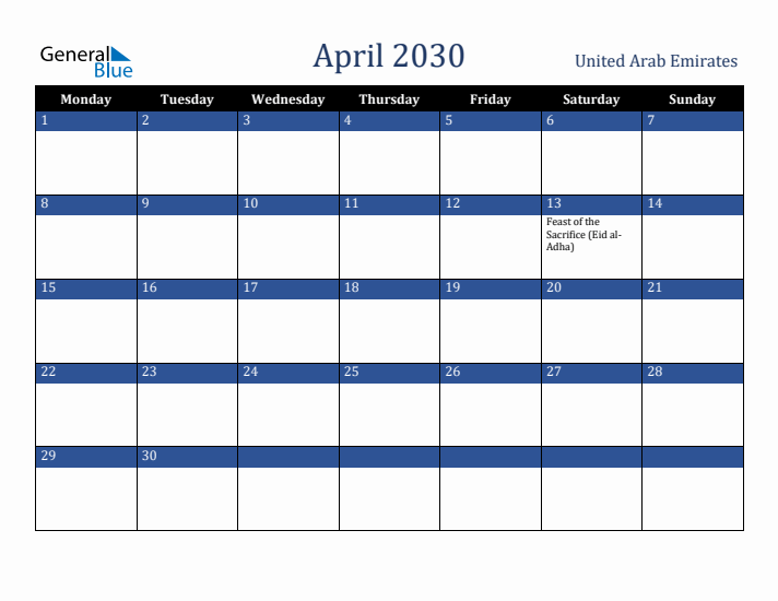 April 2030 United Arab Emirates Calendar (Monday Start)