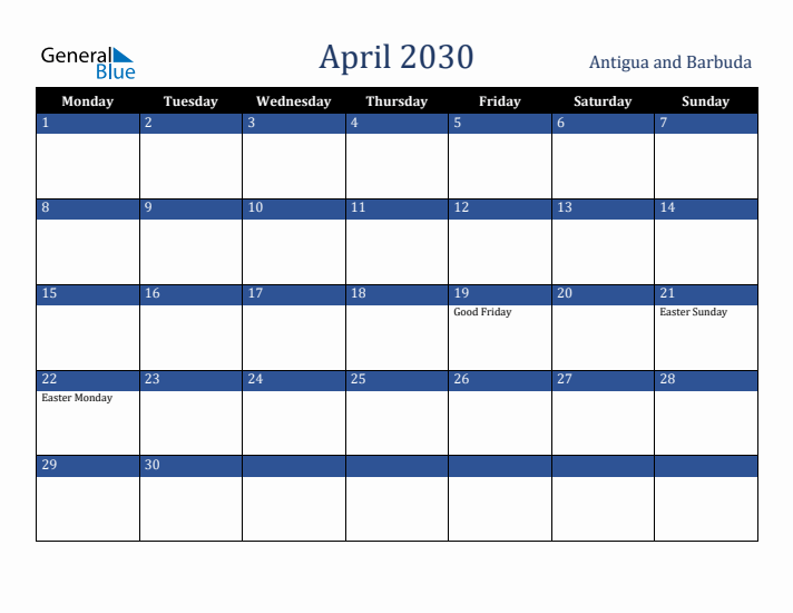 April 2030 Antigua and Barbuda Calendar (Monday Start)