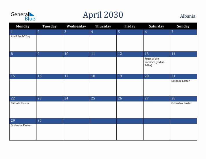 April 2030 Albania Calendar (Monday Start)