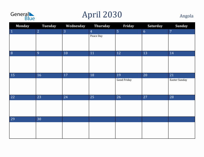 April 2030 Angola Calendar (Monday Start)