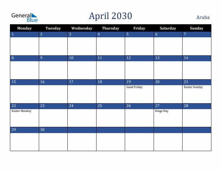 April 2030 Aruba Calendar (Monday Start)