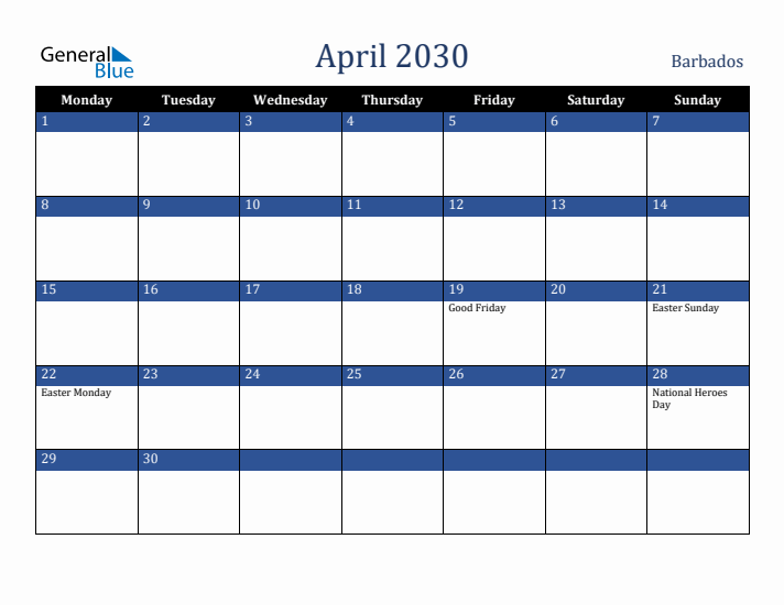 April 2030 Barbados Calendar (Monday Start)