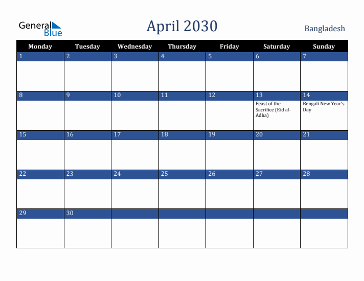 April 2030 Bangladesh Calendar (Monday Start)