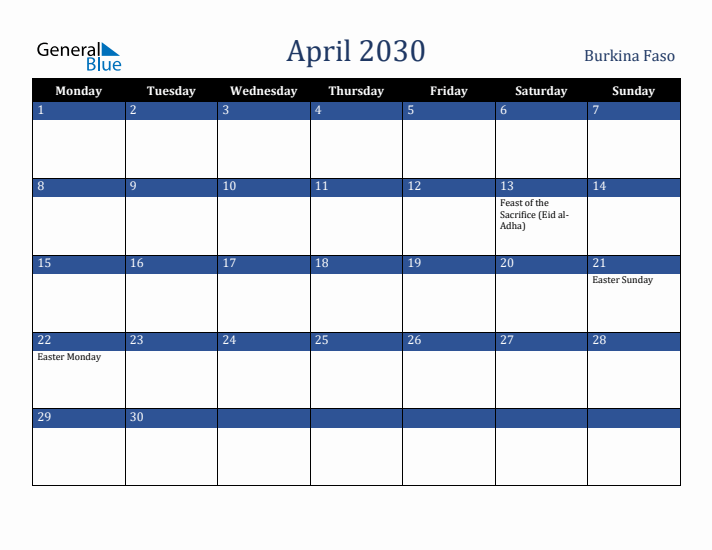 April 2030 Burkina Faso Calendar (Monday Start)