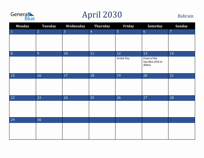 April 2030 Bahrain Calendar (Monday Start)