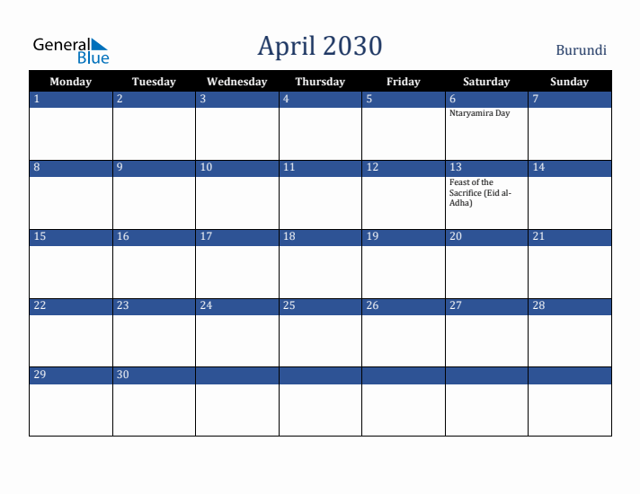 April 2030 Burundi Calendar (Monday Start)