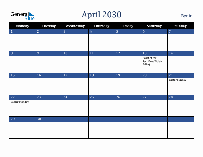 April 2030 Benin Calendar (Monday Start)