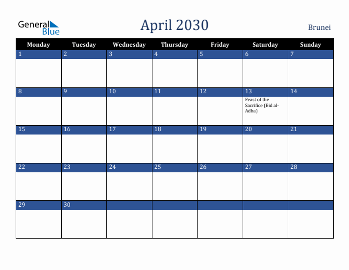 April 2030 Brunei Calendar (Monday Start)