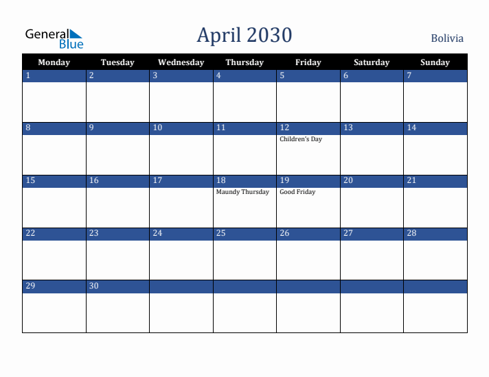 April 2030 Bolivia Calendar (Monday Start)