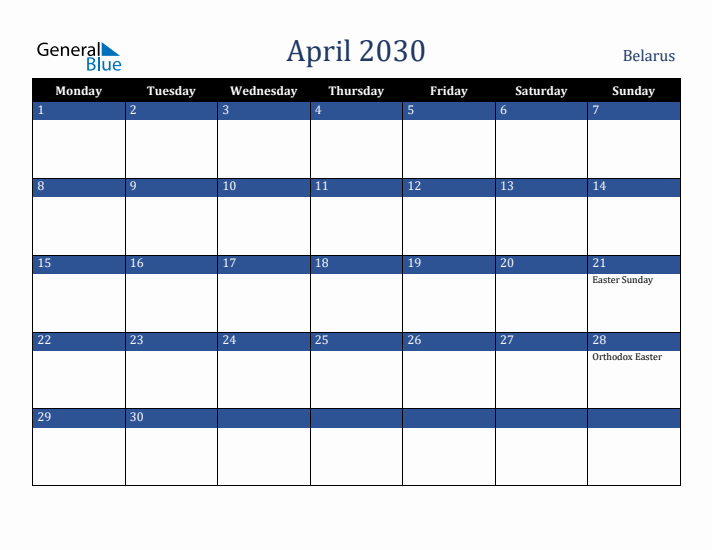 April 2030 Belarus Calendar (Monday Start)