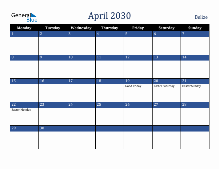 April 2030 Belize Calendar (Monday Start)