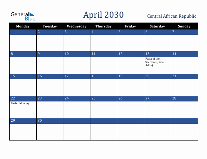 April 2030 Central African Republic Calendar (Monday Start)
