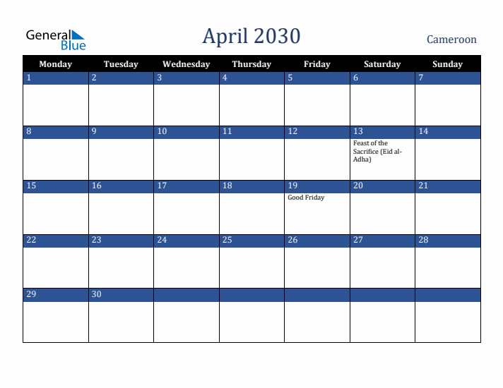 April 2030 Cameroon Calendar (Monday Start)