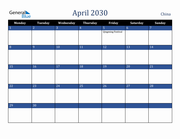 April 2030 China Calendar (Monday Start)
