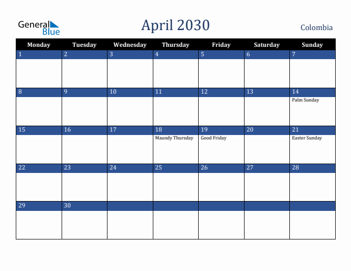 April 2030 Colombia Calendar (Monday Start)