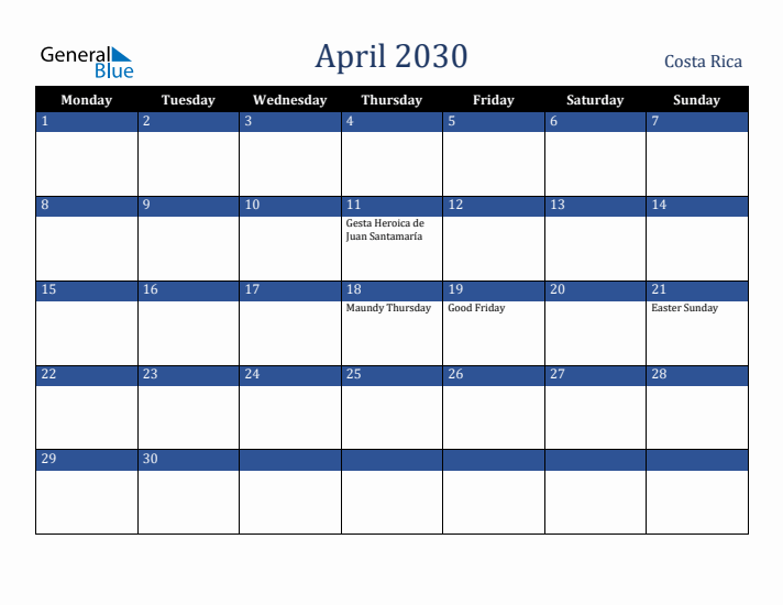 April 2030 Costa Rica Calendar (Monday Start)