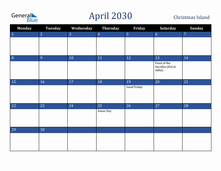 April 2030 Christmas Island Calendar (Monday Start)