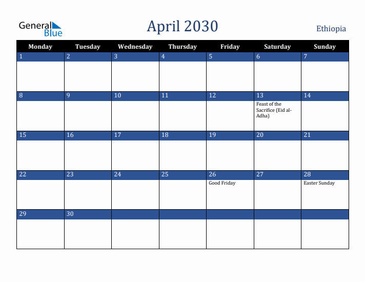 April 2030 Ethiopia Calendar (Monday Start)