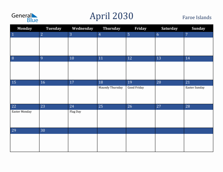 April 2030 Faroe Islands Calendar (Monday Start)