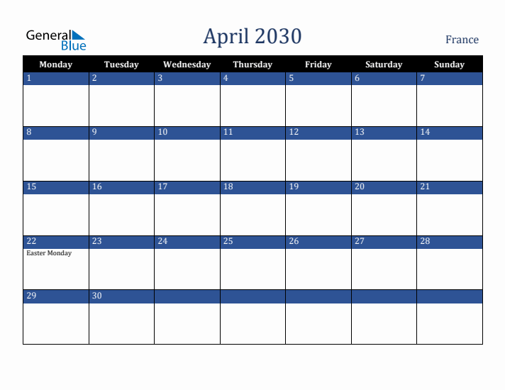 April 2030 France Calendar (Monday Start)