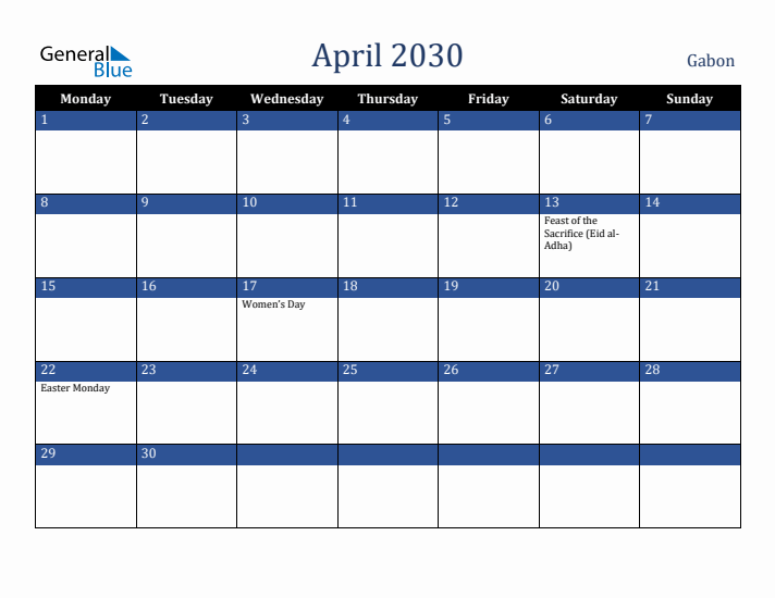 April 2030 Gabon Calendar (Monday Start)