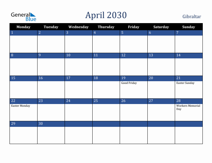 April 2030 Gibraltar Calendar (Monday Start)