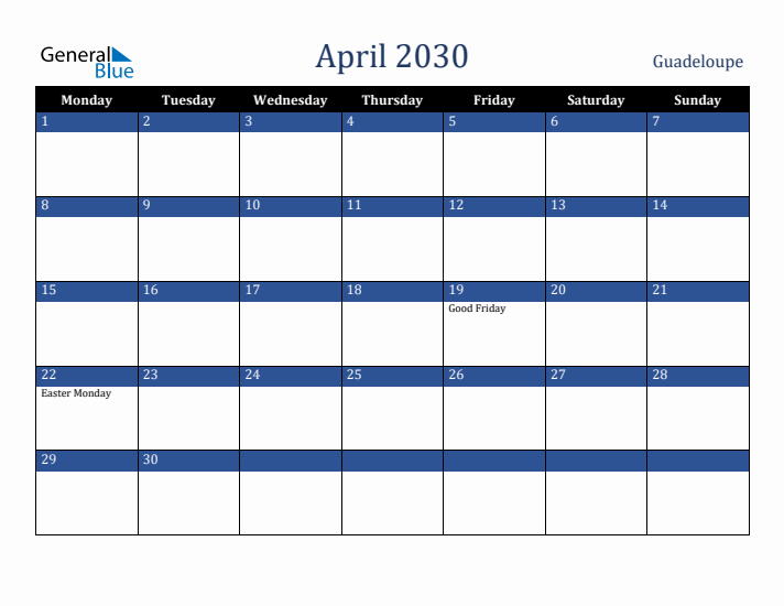 April 2030 Guadeloupe Calendar (Monday Start)