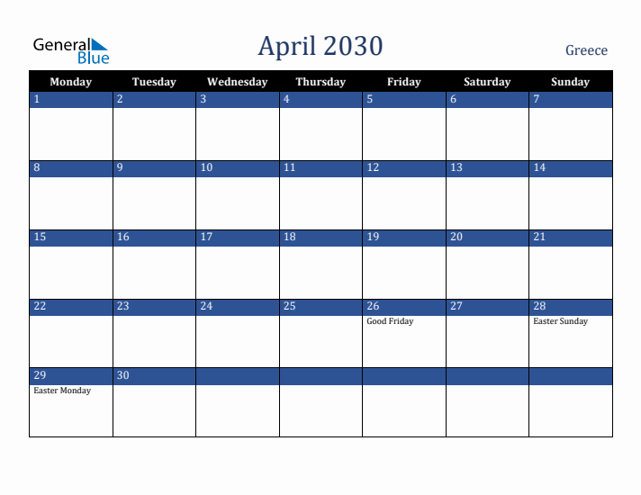 April 2030 Greece Calendar (Monday Start)