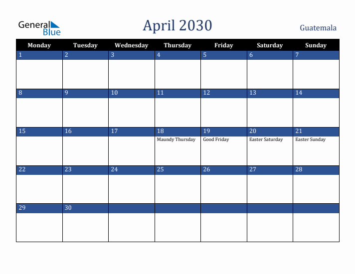 April 2030 Guatemala Calendar (Monday Start)