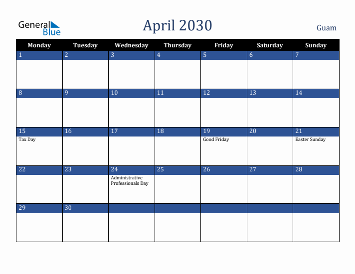 April 2030 Guam Calendar (Monday Start)