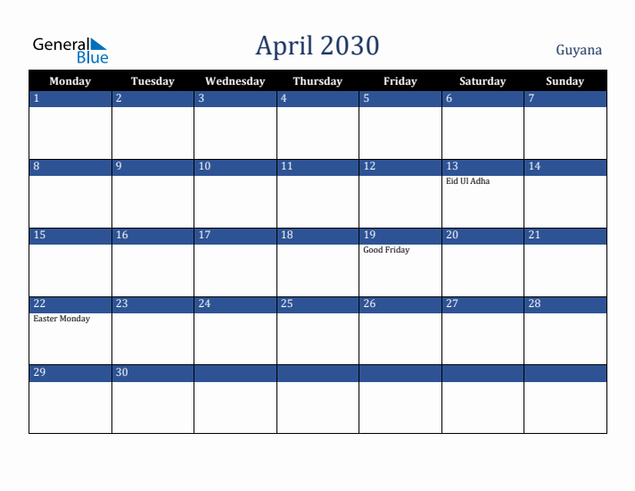 April 2030 Guyana Calendar (Monday Start)