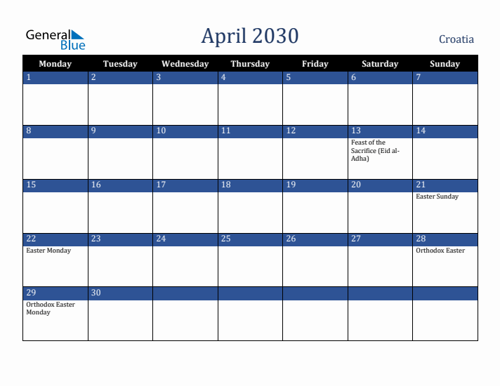 April 2030 Croatia Calendar (Monday Start)