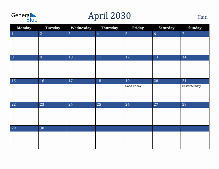 April 2030 Haiti Calendar (Monday Start)