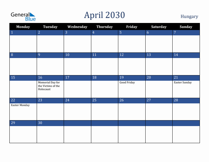 April 2030 Hungary Calendar (Monday Start)