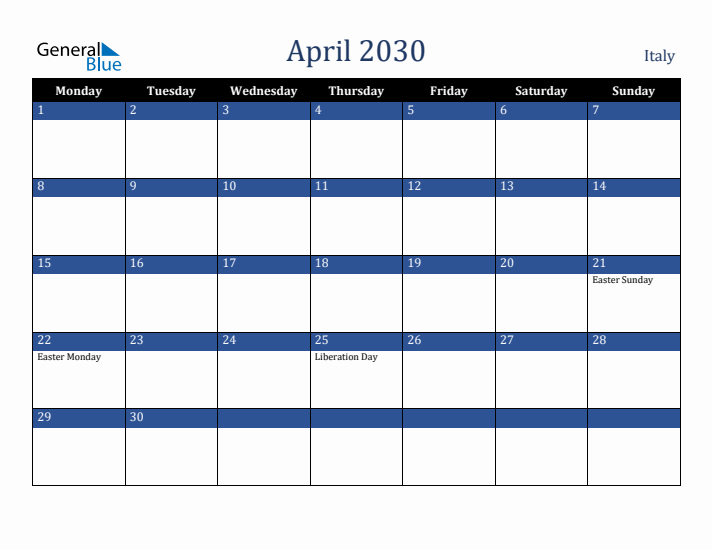 April 2030 Italy Calendar (Monday Start)