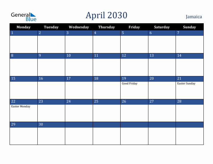 April 2030 Jamaica Calendar (Monday Start)