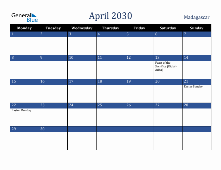 April 2030 Madagascar Calendar (Monday Start)