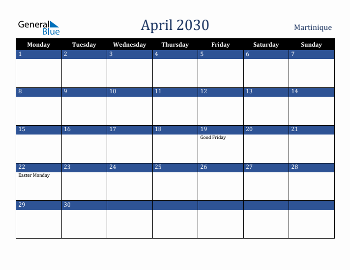 April 2030 Martinique Calendar (Monday Start)