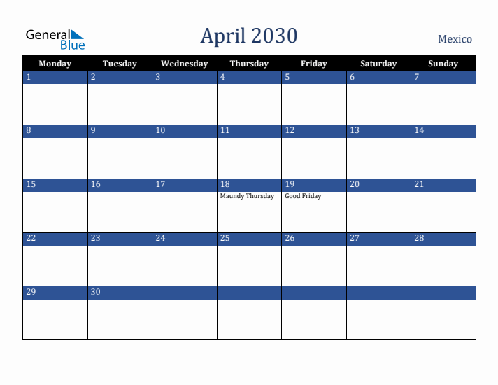 April 2030 Mexico Calendar (Monday Start)