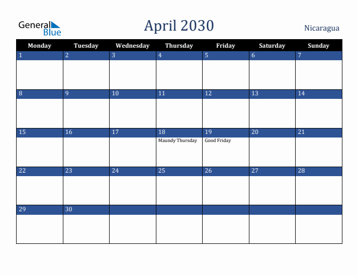 April 2030 Nicaragua Calendar (Monday Start)