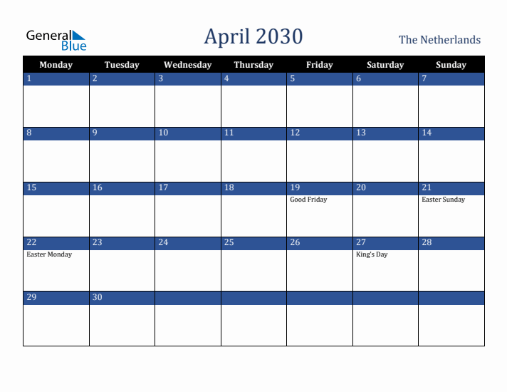 April 2030 The Netherlands Calendar (Monday Start)