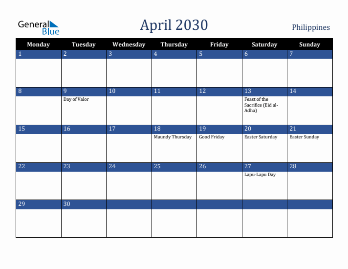 April 2030 Philippines Calendar (Monday Start)