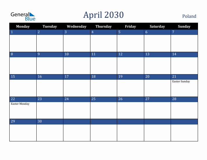 April 2030 Poland Calendar (Monday Start)