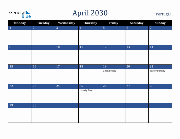 April 2030 Portugal Calendar (Monday Start)