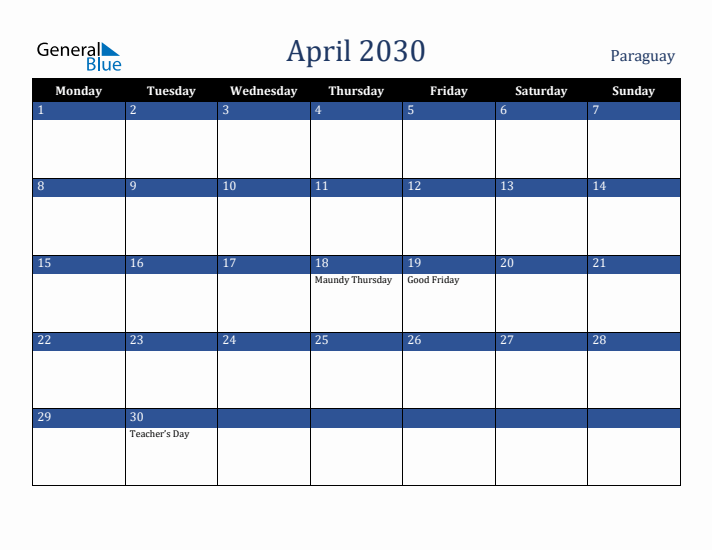 April 2030 Paraguay Calendar (Monday Start)