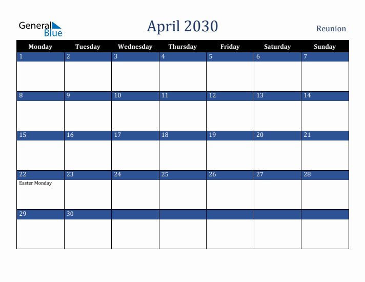 April 2030 Reunion Calendar (Monday Start)