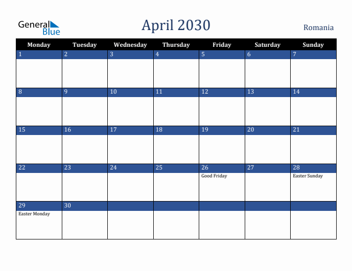 April 2030 Romania Calendar (Monday Start)