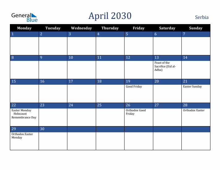 April 2030 Serbia Calendar (Monday Start)