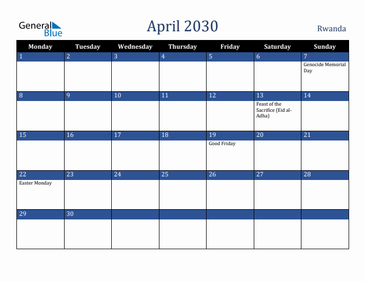 April 2030 Rwanda Calendar (Monday Start)