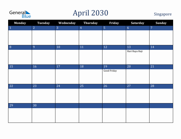 April 2030 Singapore Calendar (Monday Start)